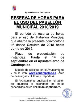 Imagen Abierto el plazo de solicitud para RESERVA DE HORAS PARA USO DEL PABELLÓN MUNICIPAL 2018/2019