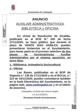Imagen CONVOCATORIA Y PRUEBAS DE SELECCIÓN DE DOS PLAZAS DE FUNCIONARIOS/AS AUXILIAR ADMINISTRATIVO DE OFICINA Y BIBLIOTECA - ANIMADOR/A...