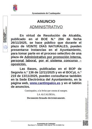 Imagen CONVOCATORIA Y PRUEBAS DE SELECCIÓN DE UNA PLAZA DE ADMINISTRATIVO POR PROMOCION INTERNA