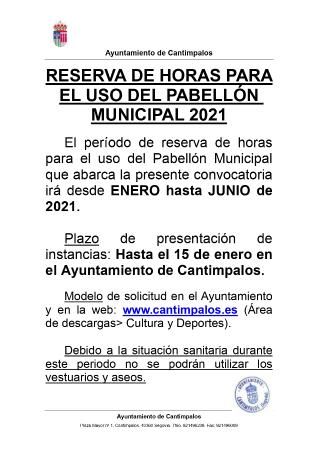 Imagen Abierto el plazo de solicitud para RESERVA DE HORAS PARA USO DEL PABELLÓN MUNICIPAL 2021