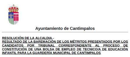Imagen Resolución de Alcaldía aprobando acta tribunal baremación de la bolsa de empleo para Escuela Infantil.