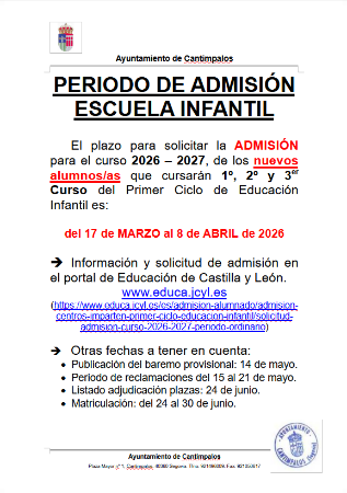 Imagen ADMISIÓN ESCUELA INFANTIL 2026-2027 nuevos alumnos de 0 a 3 años (1º, 2º y 3er curso)