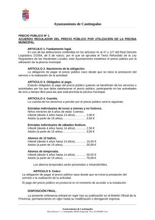 Imagen PRECIO PÚBLICO UTILIZACIÓN DE LA PISCINA MUNICIPAL