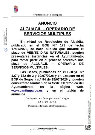 Imagen CONVOCATORIA Y PRUEBAS DE SELECCIÓN DE UNA PLAZA DE FUNCIONARIO/A ALGUACIL - OPERARIO/A DE SERVICIOS MÚLTIPLES