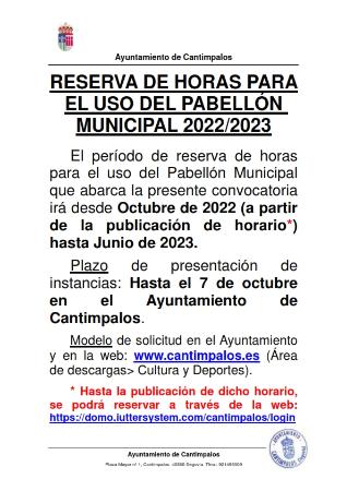 Imagen Abierto el plazo de solicitud para RESERVA DE HORAS PARA USO DEL PABELLÓN MUNICIPAL 2022/2023