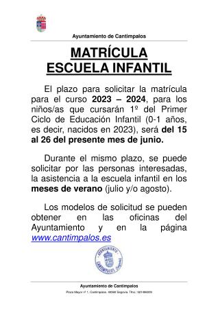 Imagen Abierto el plazo de presentación de solicitud de matrícula en Escuela Infantil curso 2023 - 2024 y Verano 2023.