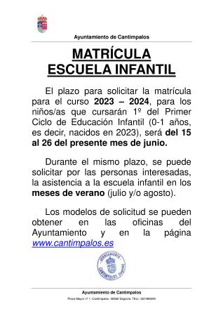 Imagen Abierto el plazo de presentación de solicitud de matrícula en Escuela Infantil curso 2023 - 2024 y Verano 2023.